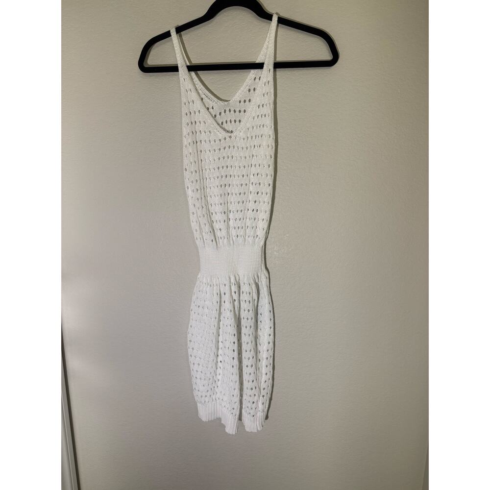 White Crochet Knit Sleeveless Mini Dress Beach Cover Up Eyelet Open Knit Boho - Picture 2 of 7